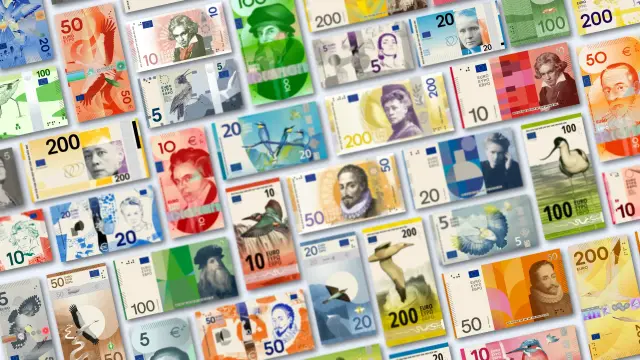 A collage of colorful bank notes that are part of the suggested options for a redesign of the Euro. There are either heads like Beethoven or birds. The bank notes are all tinted in saturated reds, greens, or more muted blue and orange hues.